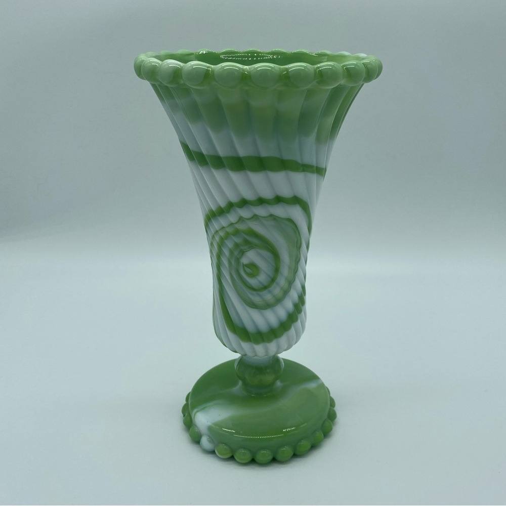 Westmoreland Green & White Slag Glass Ball & Swirl Vase